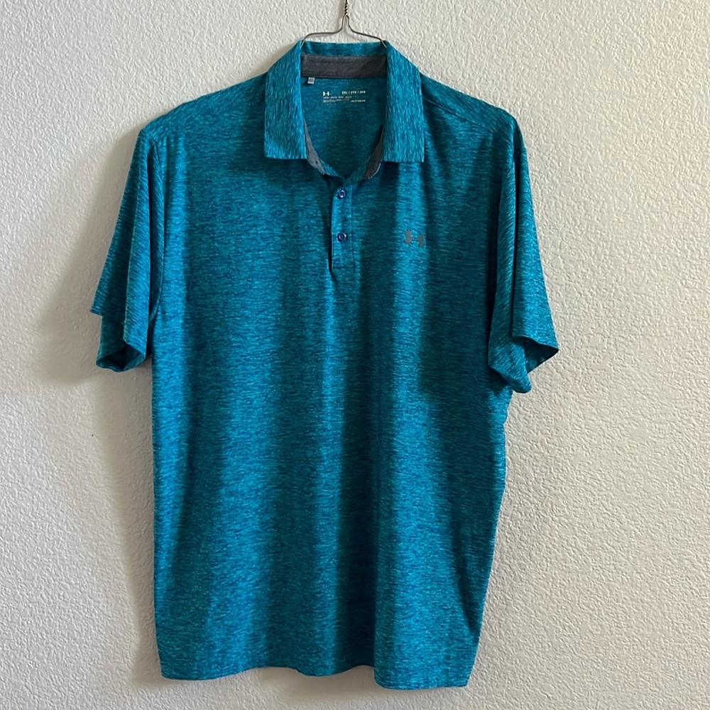 Under Armour Teal Blue Marbled Polo Shirt Classic Heatgear Loose Men's 2XL